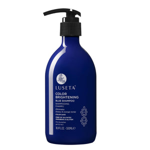 Luseta Champú Azul Iluminador: botella que realza tonos fríos y neutraliza el ocre.