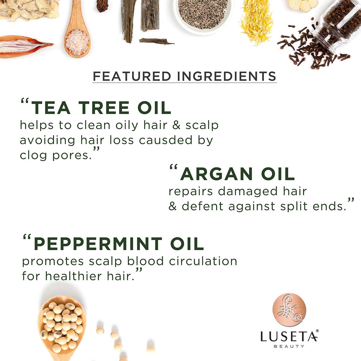 Luseta Champú clarificante de árbol de té con textura rica para cabello limpio.
