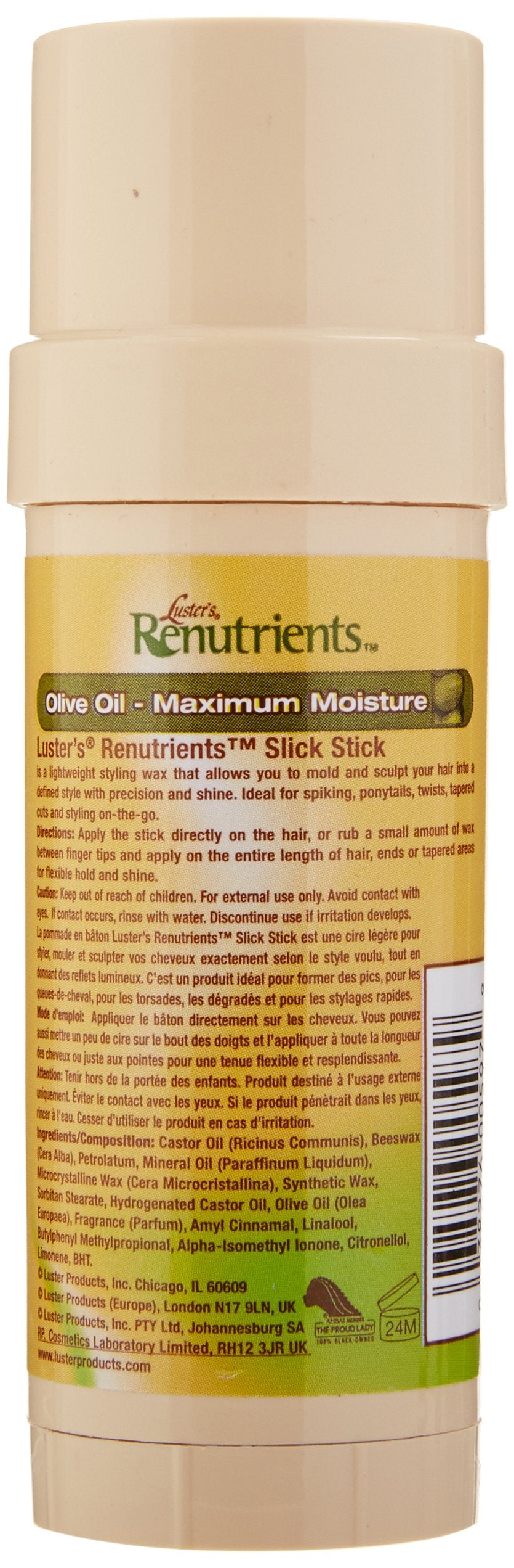 Envase de 2 onzas de Luster's Renutrients Slick Stick, ofrece hidratación ligera y control del peinado.