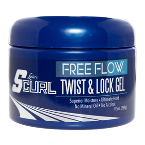Luster's SCurl Free Flow Twist & Lock Gel, botella vertiendo para fijar rizos sin frizz