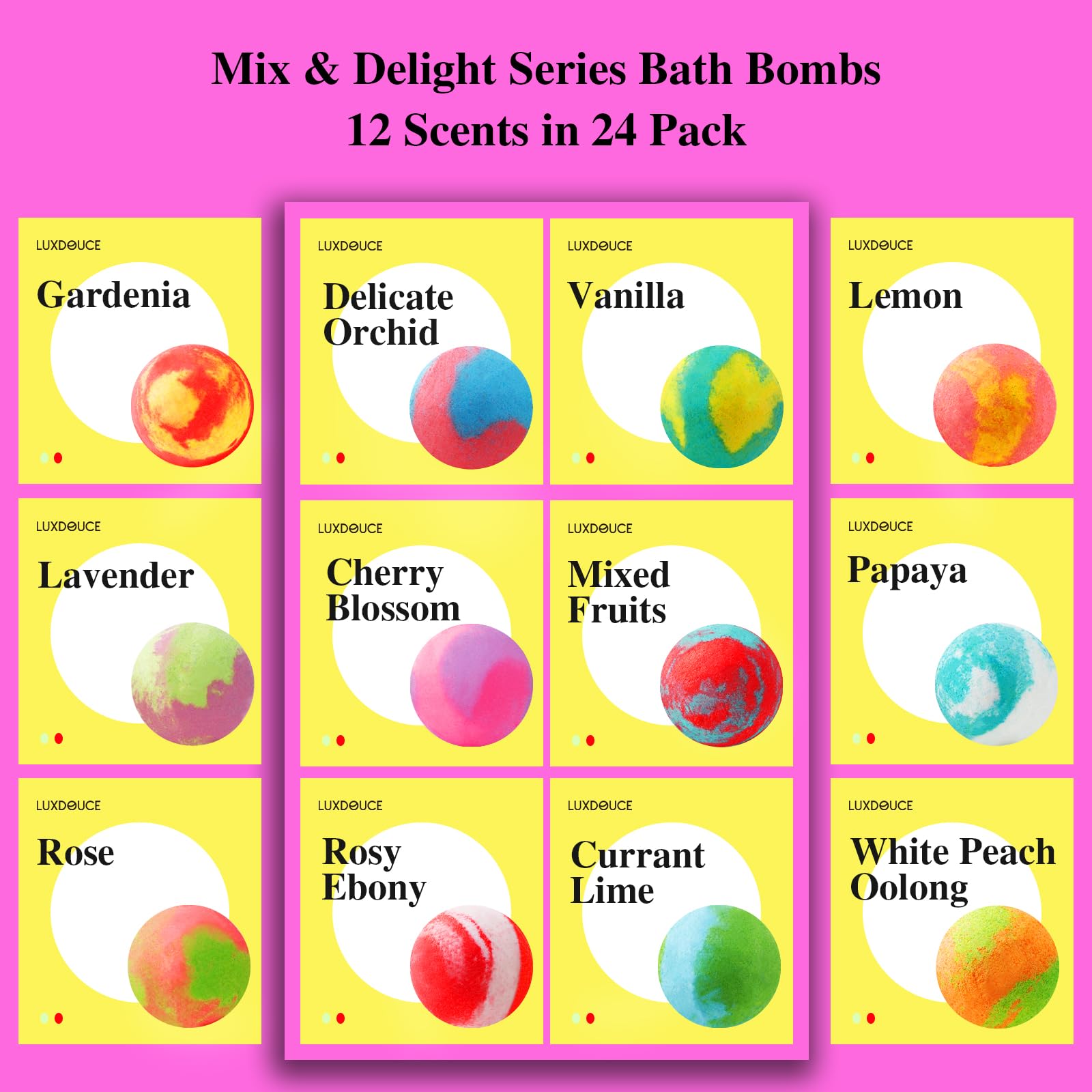 Luxdouce Bombas de baño disolución colorido: disuelven en minutos, colores vivos y aroma agradable.