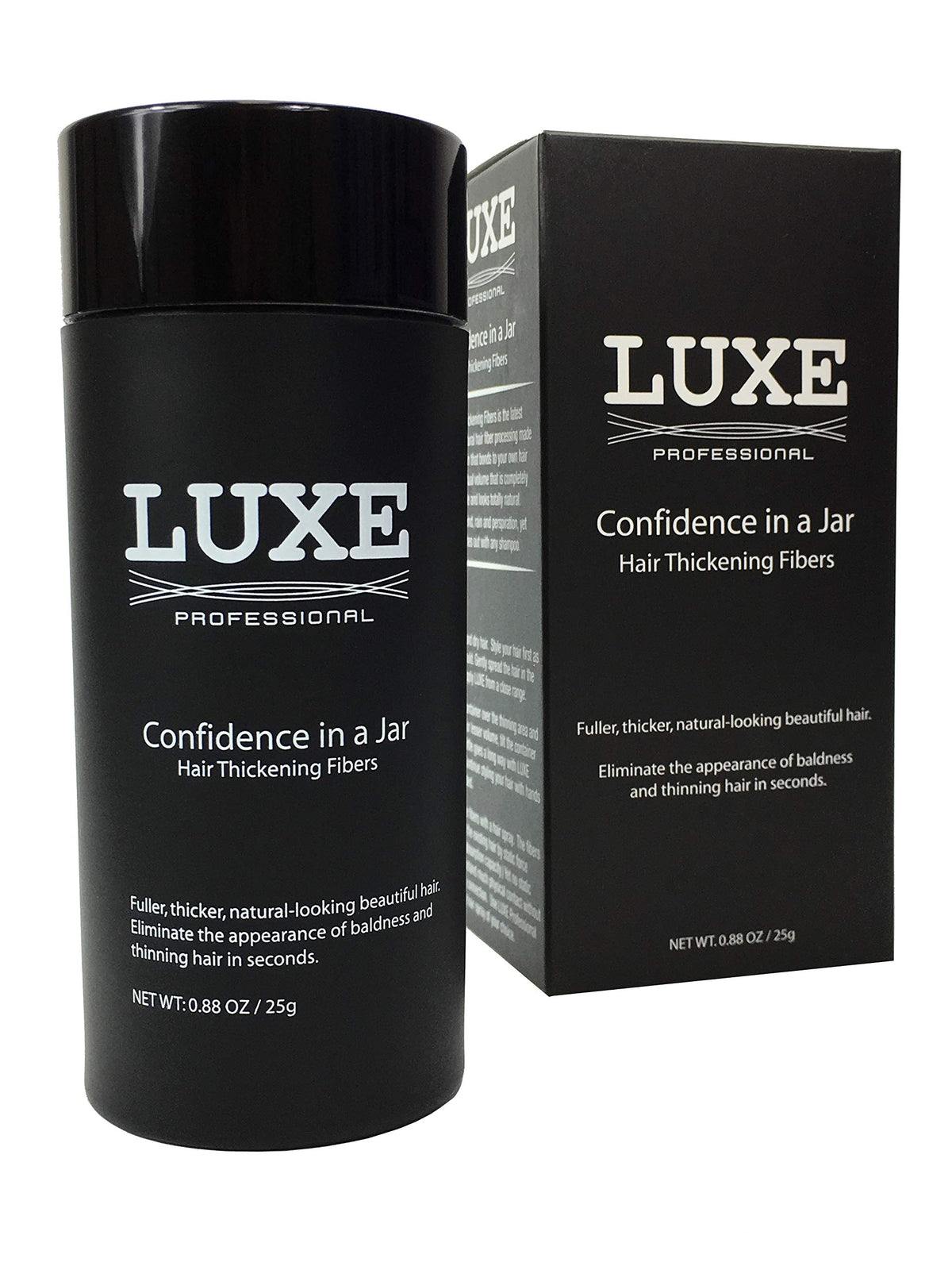 LUXE Professional fibras capilares envase 25 g ofrece cobertura rápida y natural.