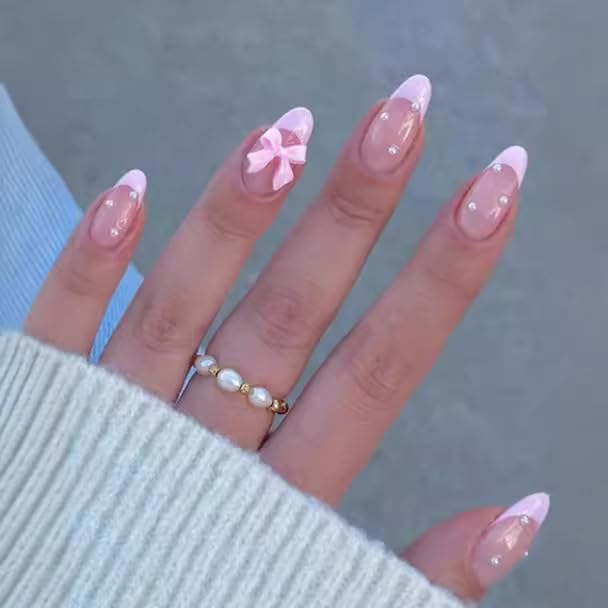 LY LANYOS uñas postizas lazo mariposa rosado, look elegante para cualquier ocasión.