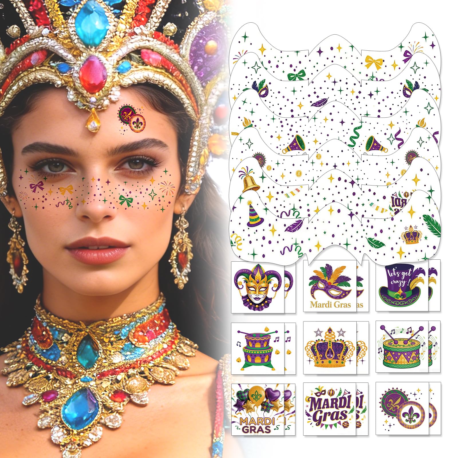 LYNEMOGA Mardi Gras decoraciones: tatuajes faciales dorados para looks festivos