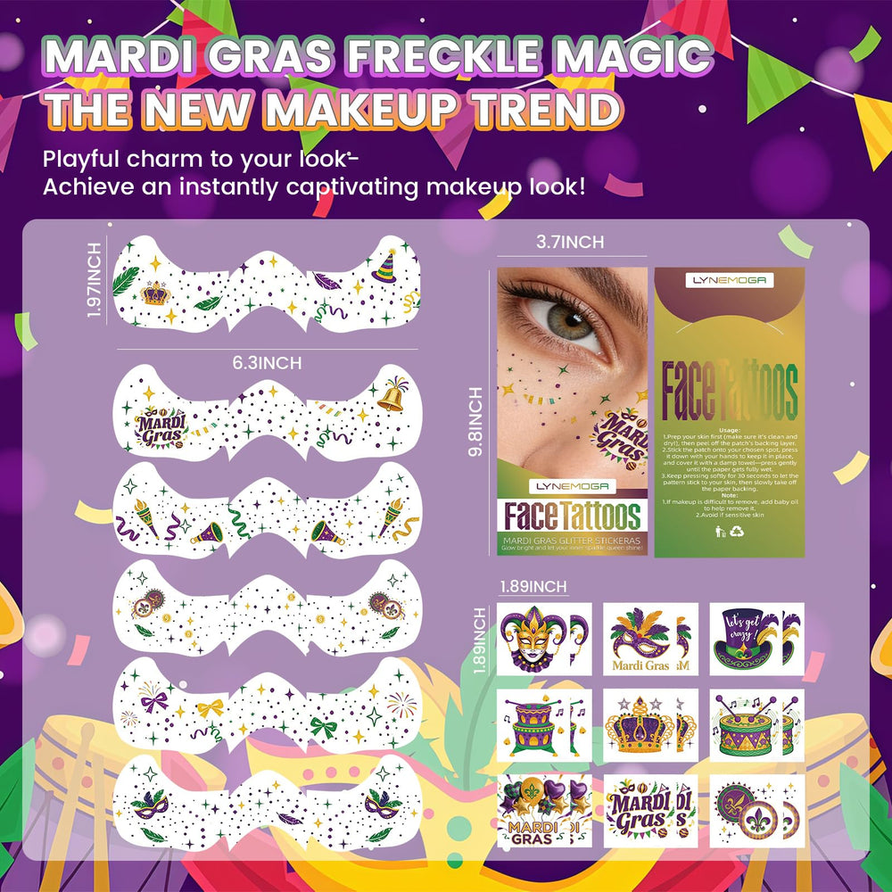 LYNEMOGA Mardi Gras tatuajes temporales dorados con glitter para brillar