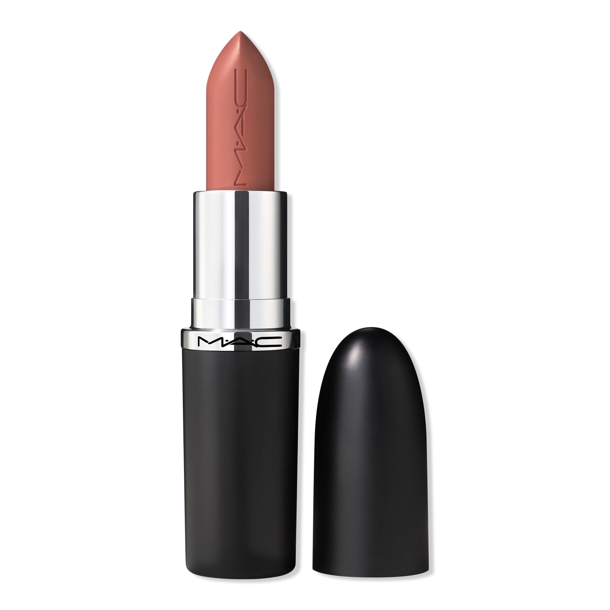 MAC Labial Satinado Blankety en tubo con color beige rosado y acabado sedoso.