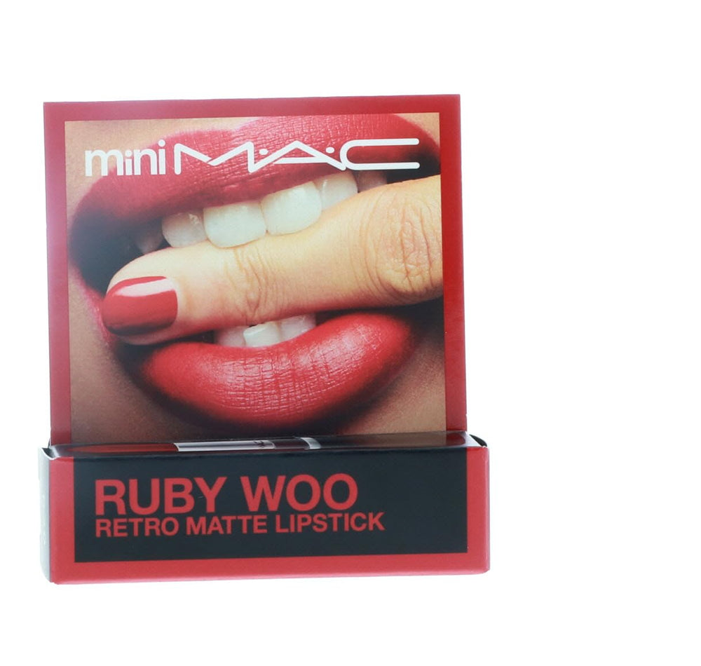 MAC Little Lipstick Ruby Woo detalle de empaque mini, perfecto para viaje.