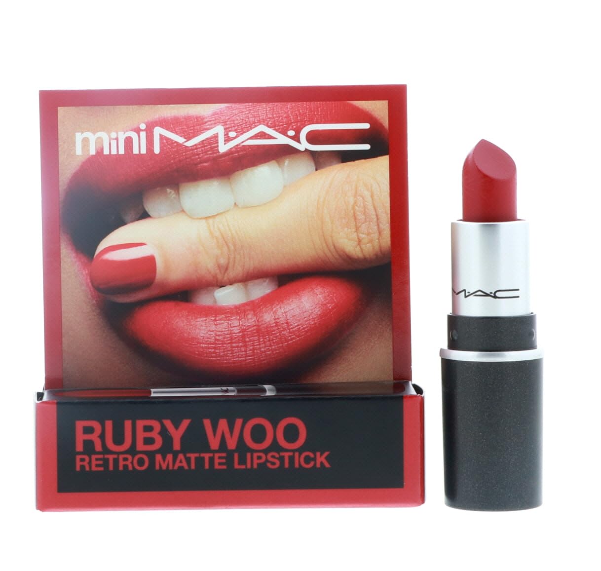 MAC Little Lipstick Ruby Woo frente, rojo intenso para un look clásico.