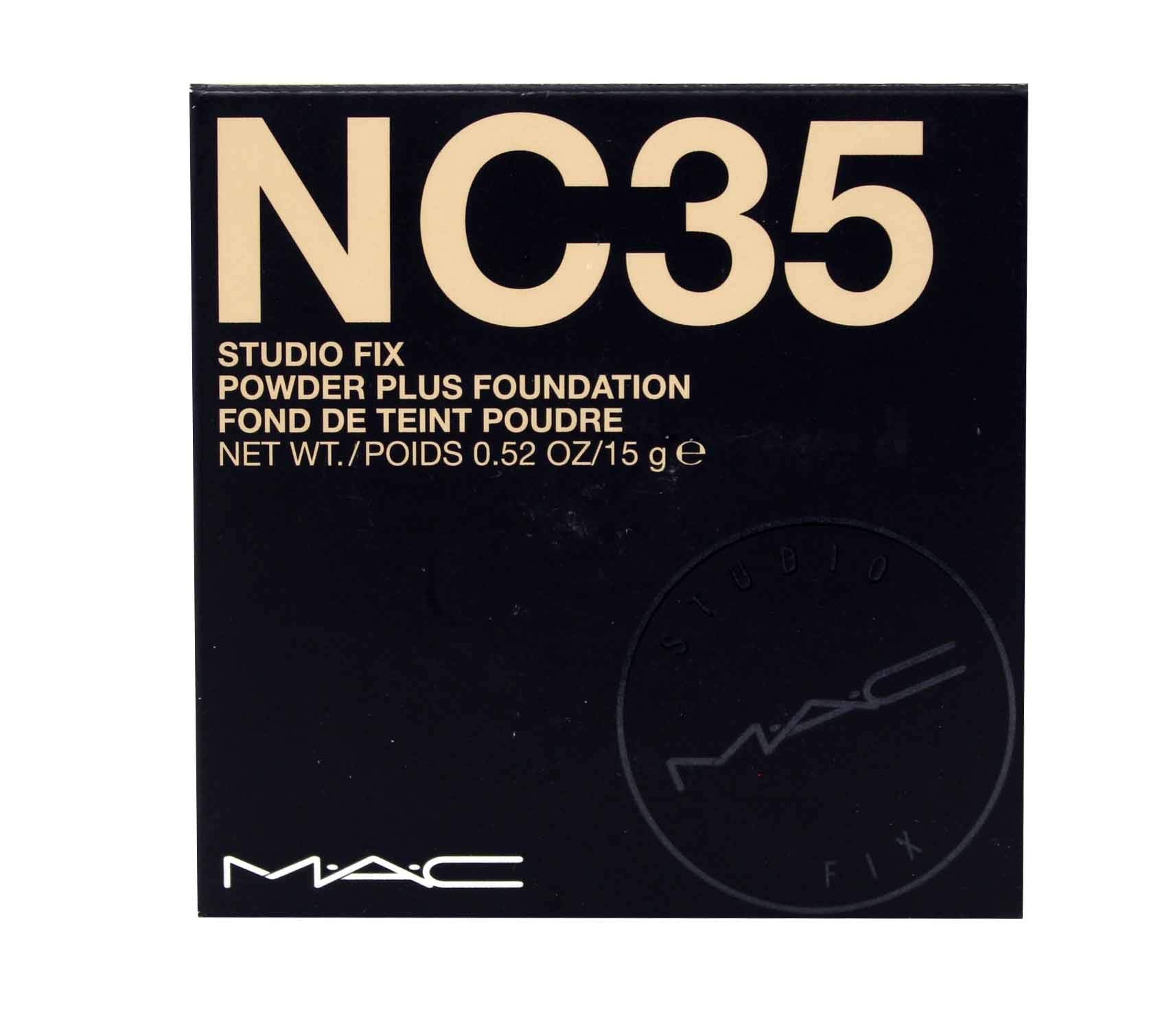 MAC Studio Fix Powder Plus Foundation NC35 en frasco, acabado mate y cobertura uniforme.