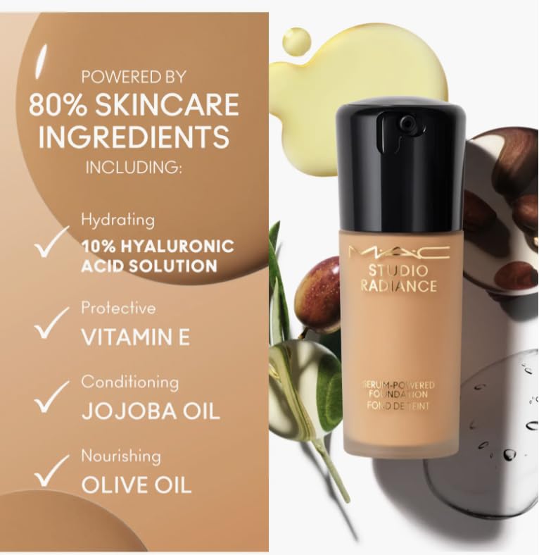 MAC Studio Radiance Serum, hidratación duradera para piel suave y flexible.
