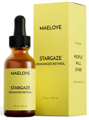 MAELOVE Stargaze serum botella frente: hidratación suave para una piel más radiante.