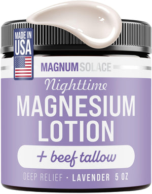 Magnum Solace Nighttime Lotion botella lavanda para relajar músculos antes de dormir.