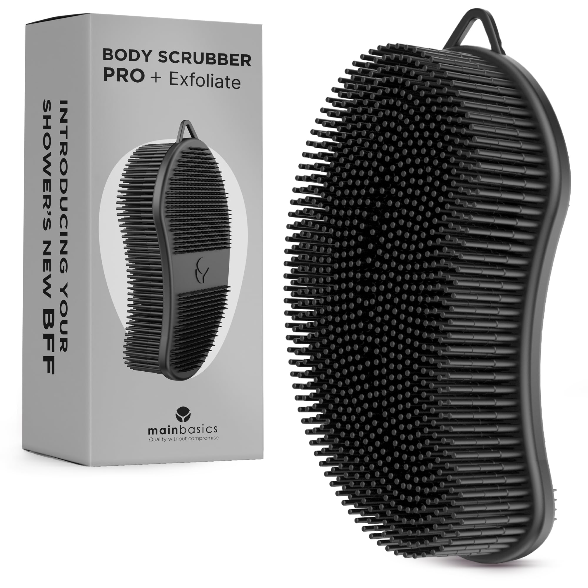 MainBasics exfoliador corporal de silicona de doble cara, exfoliación suave para piel renovada.