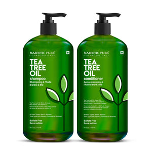Champú Majestic Pure con árbol de té en botella, alivio refrescante para el cuero cabelludo.