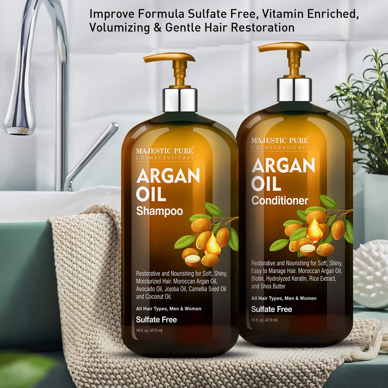 Acondicionador Majestic Pure con argán, cabello sedoso y manejable.