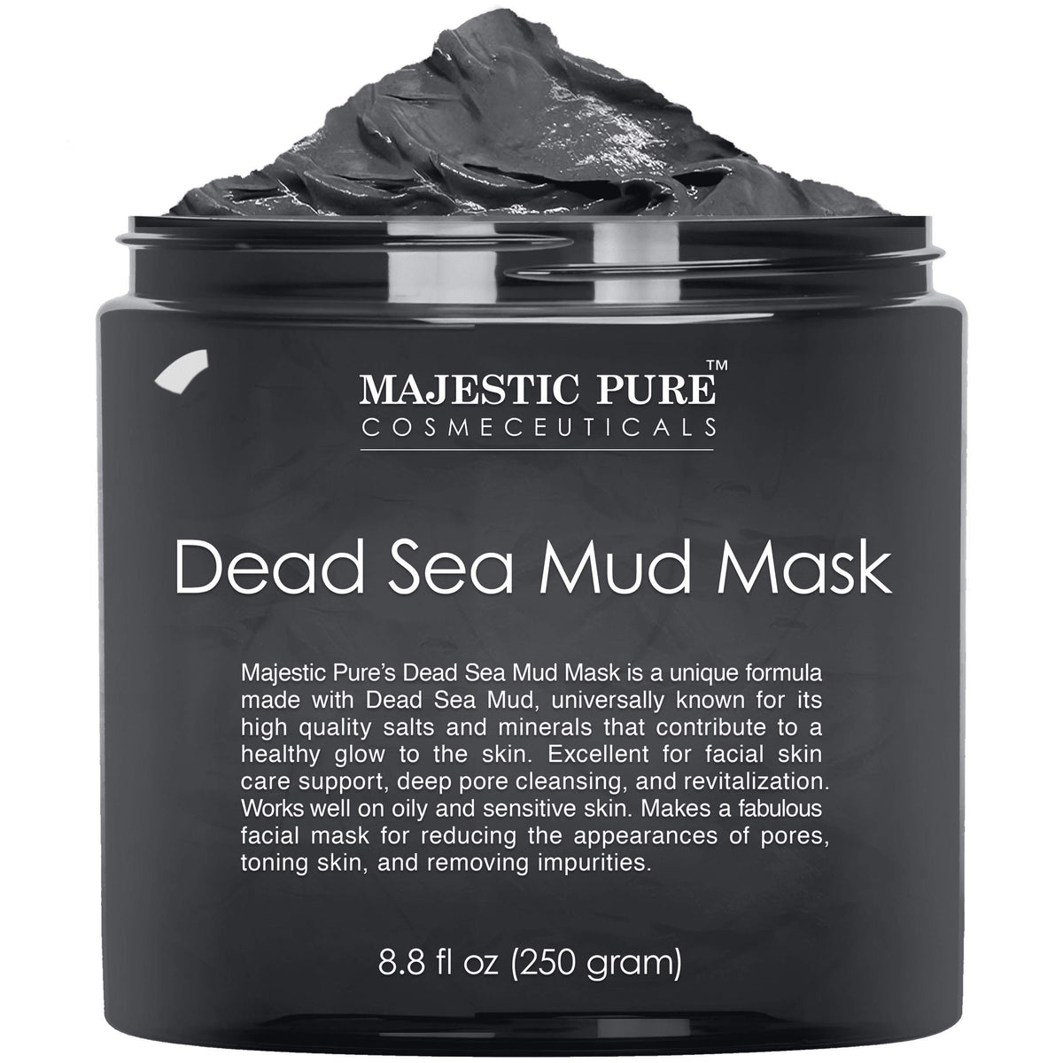 Majestic Pure Dead Sea Mud Mask, aplicación en la piel para exfoliar y nutrir.