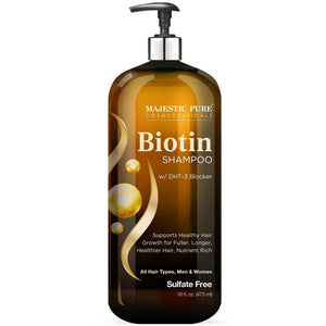 Champú de Biotina Majestic Pure: botella elegante para uso diario y volumen.