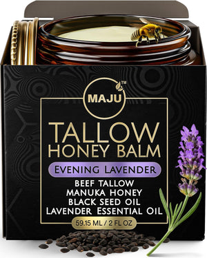 MAJU Superfoods Balsamo Tallow Miel Lavanda para hidratación nocturna suave.