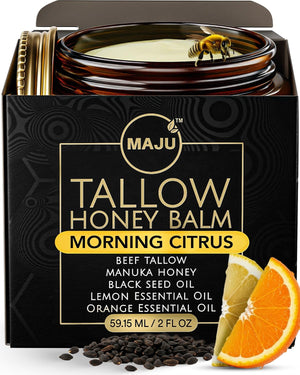 MAJU Tallow Honey Balm Morning Citrus en frasco ambar para hidratacion profunda