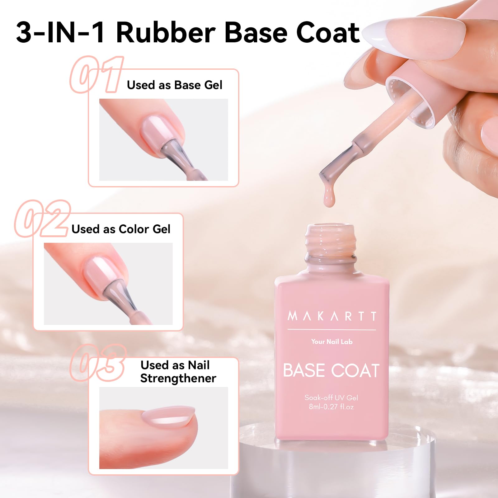 Makartt Base Gel 2 en 1, capa base y color, ofrece color natural.