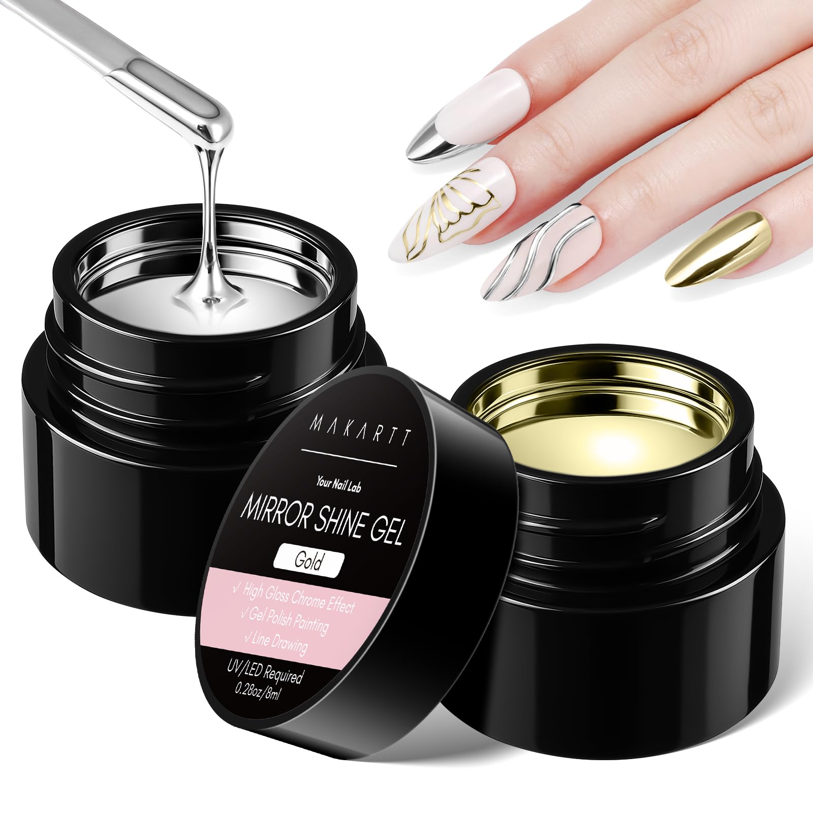 Makartt Chrome Gel Espejo Plateado para uñas con acabado reflectante.