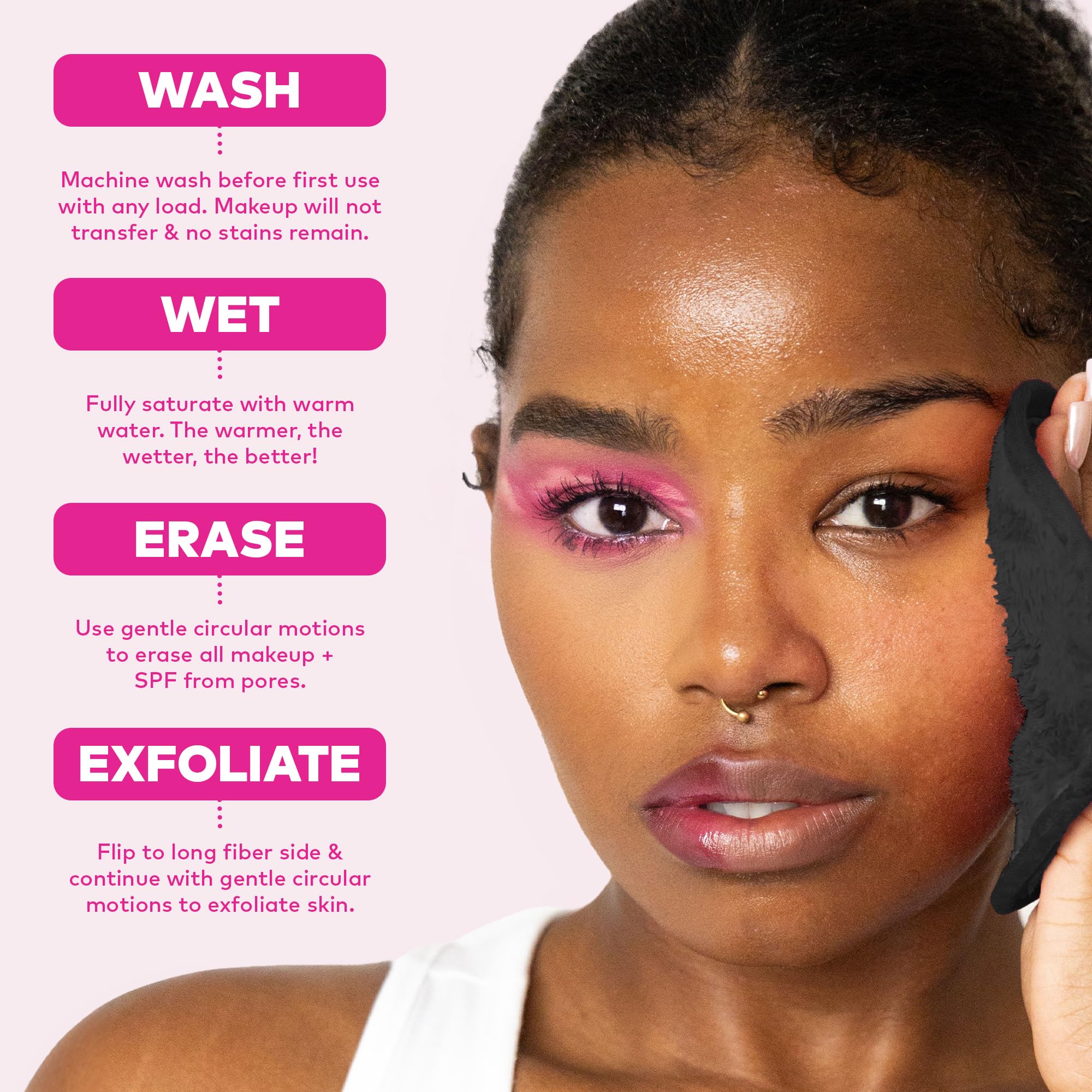 MakeUp Eraser suave para piel sensible, ideal para uso diario.
