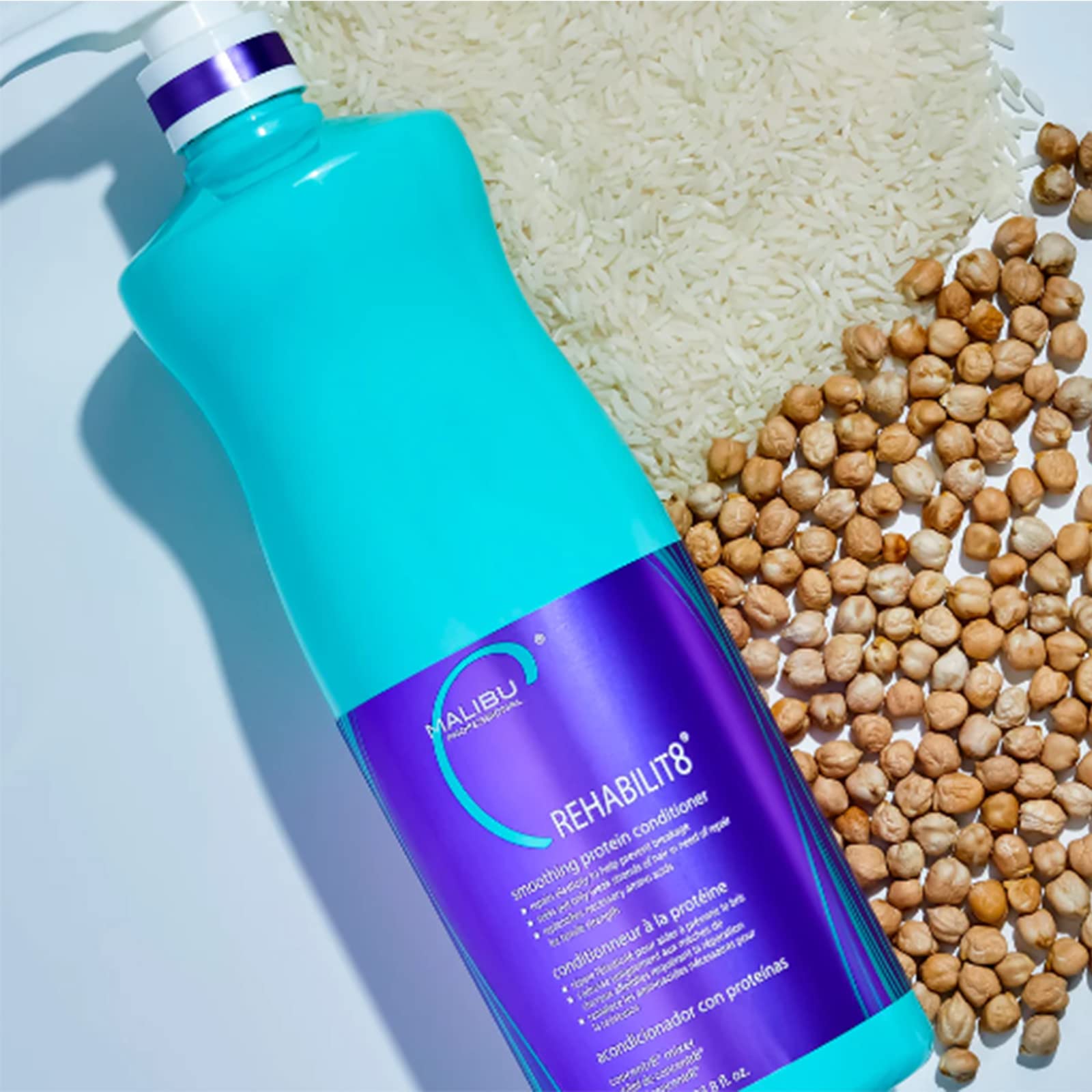 Malibu C Rehabilit8, ingredientes proteínicos y frutales, para cuidado y elasticidad.