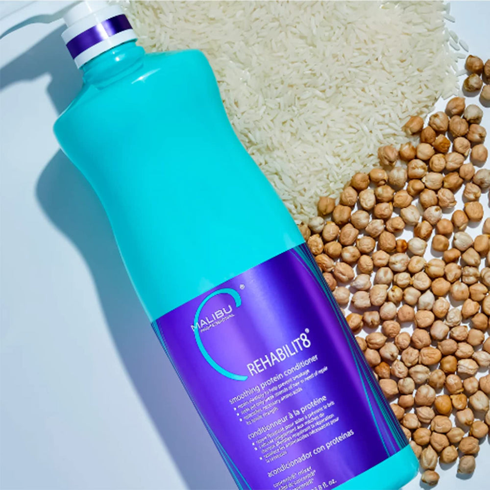Malibu C Rehabilit8, ingredientes proteínicos y frutales, para cuidado y elasticidad.