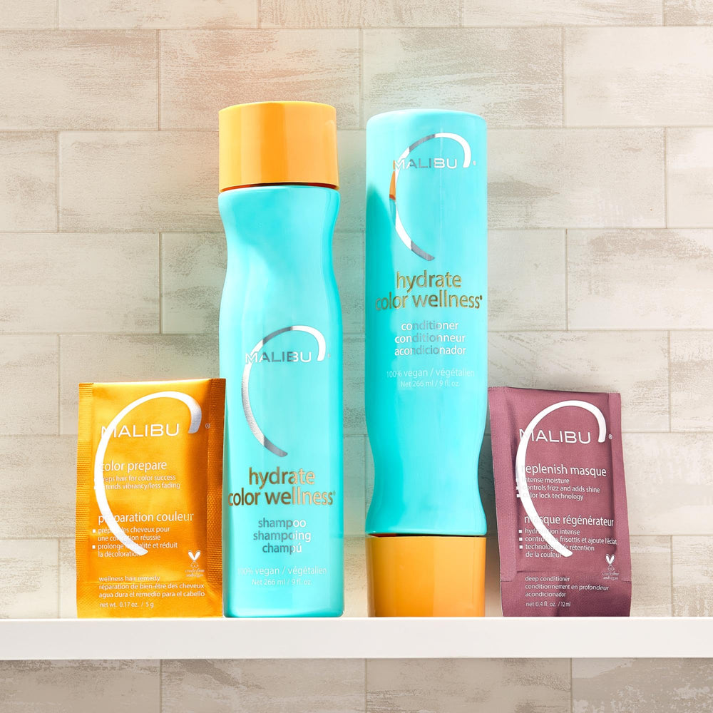Ingredientes de Malibu C Replenish con aguacate, karité y aceites para color vibrante.