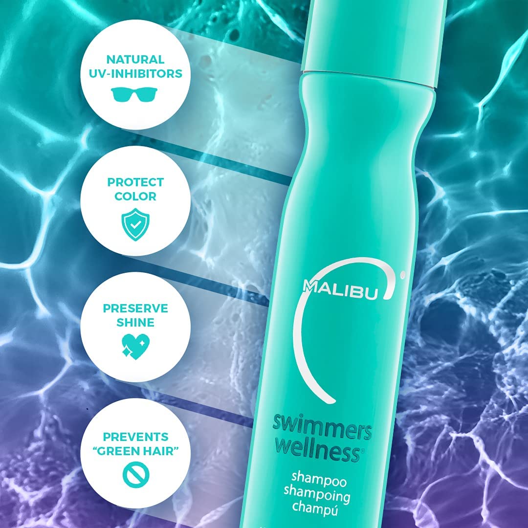 Malibu C Swimmers Wellness champú-remocion-cloro, protege cabello y reduce decoloración.