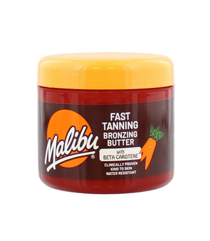 Malibu Sun Fast Bronceador: botella y aplicación fácil para bronceado uniforme.