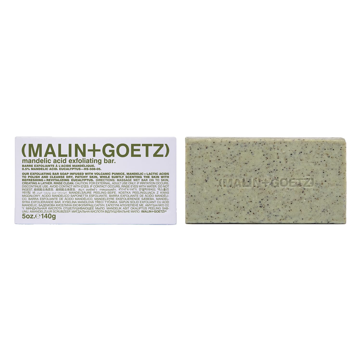 Barra exfoliante MALIN+GOETZ con acido mandelico, para una exfoliacion suave y uniforme.