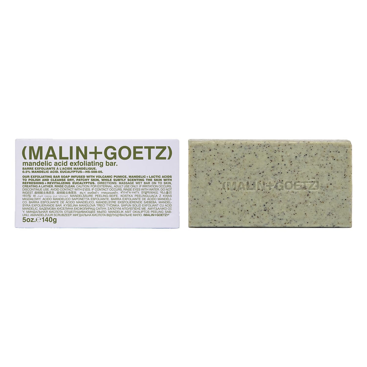 Barra exfoliante MALIN+GOETZ con acido mandelico, para una exfoliacion suave y uniforme.