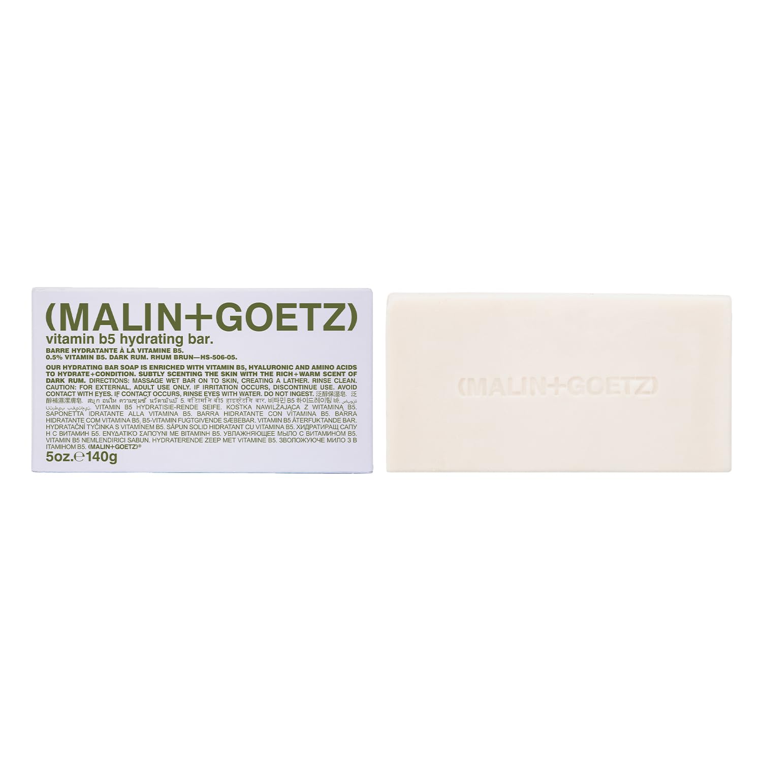 MALIN+GOETZ Barra hidratante con vitamina B5 y ron, limpieza suave.