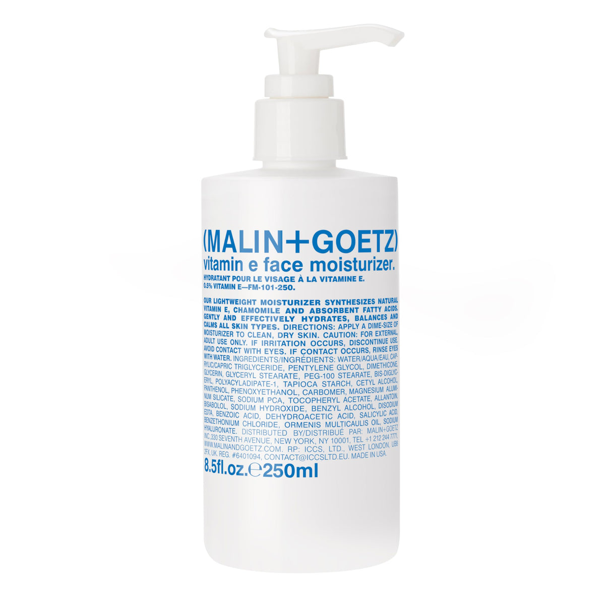 MALIN+GOETZ Vitamina E, botella de hidratante facial, hidratación diaria suave.