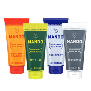 Mando Mini Body Wash: botella en escena para una frescura duradera.