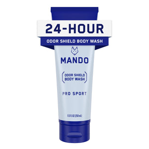 Mando Odor Shield Body Wash bottle showcases design for daily odor defense