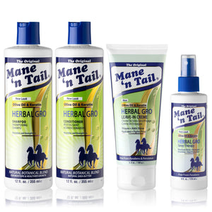 Mane 'n Tail Herbal Gro champú botella, brillo y manejabilidad.