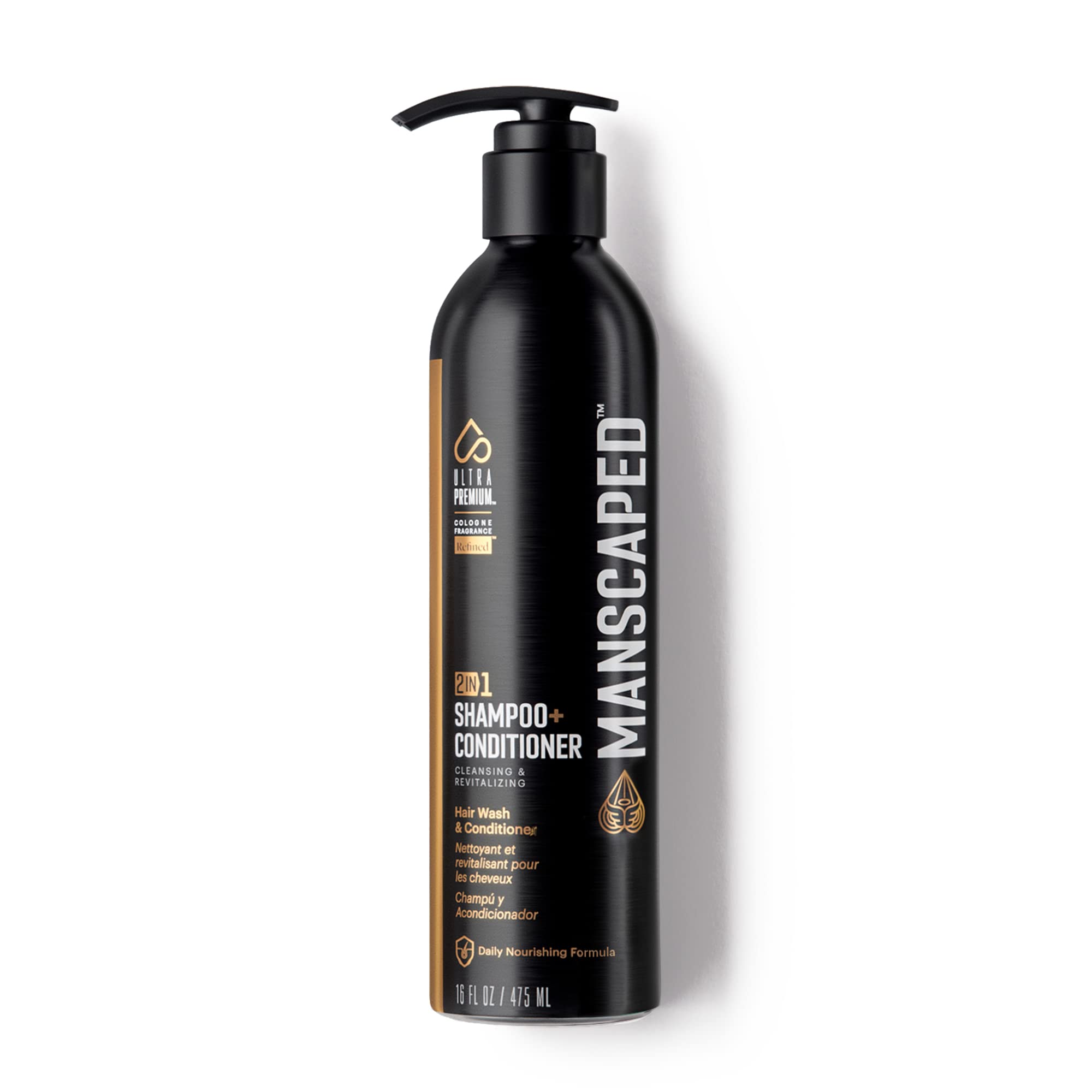 MANSCAPED 2 en 1 en botella de aluminio brinda hidratación rápida al cabello.