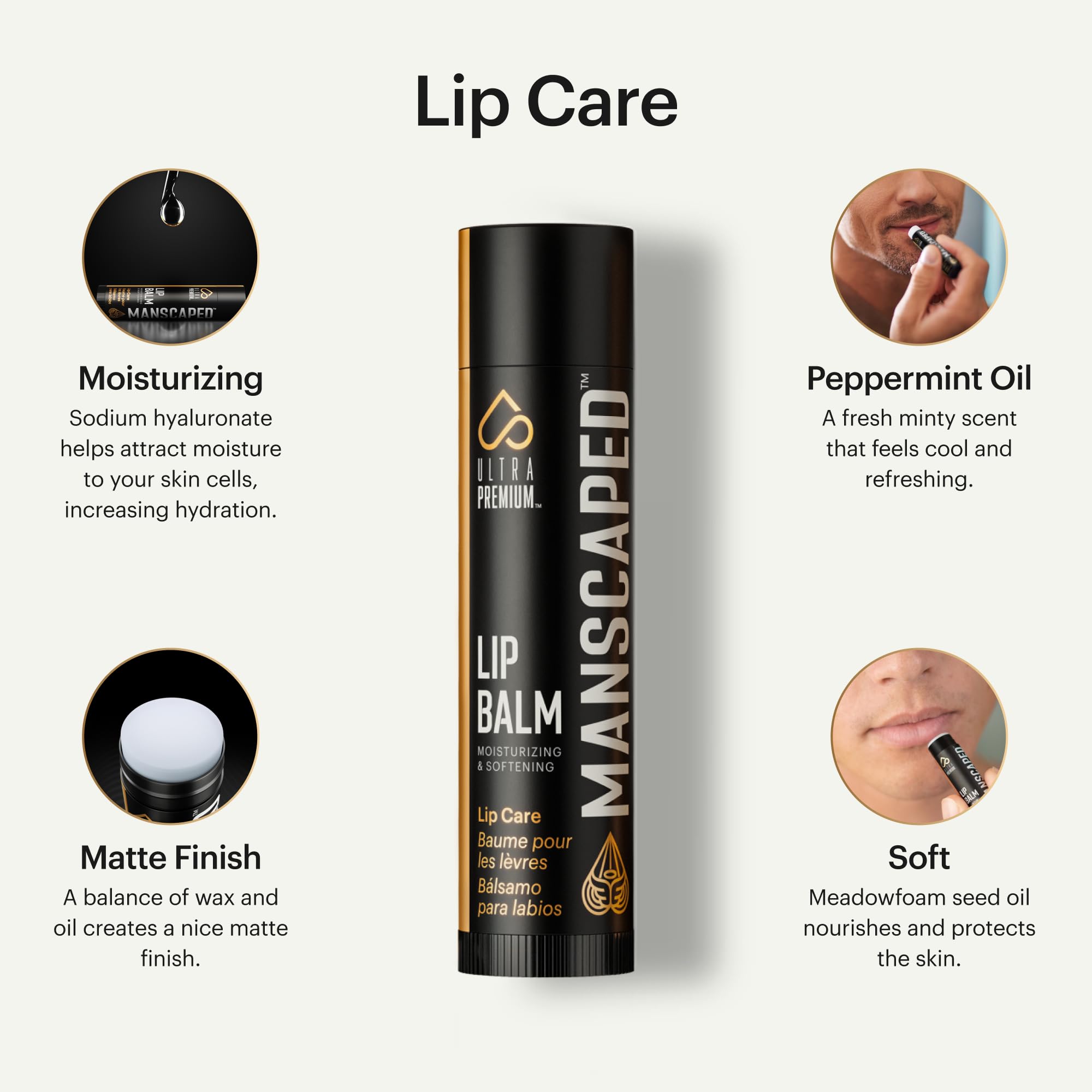 MANSCAPED bálsamo labial con vitamina E para reparar suavemente.