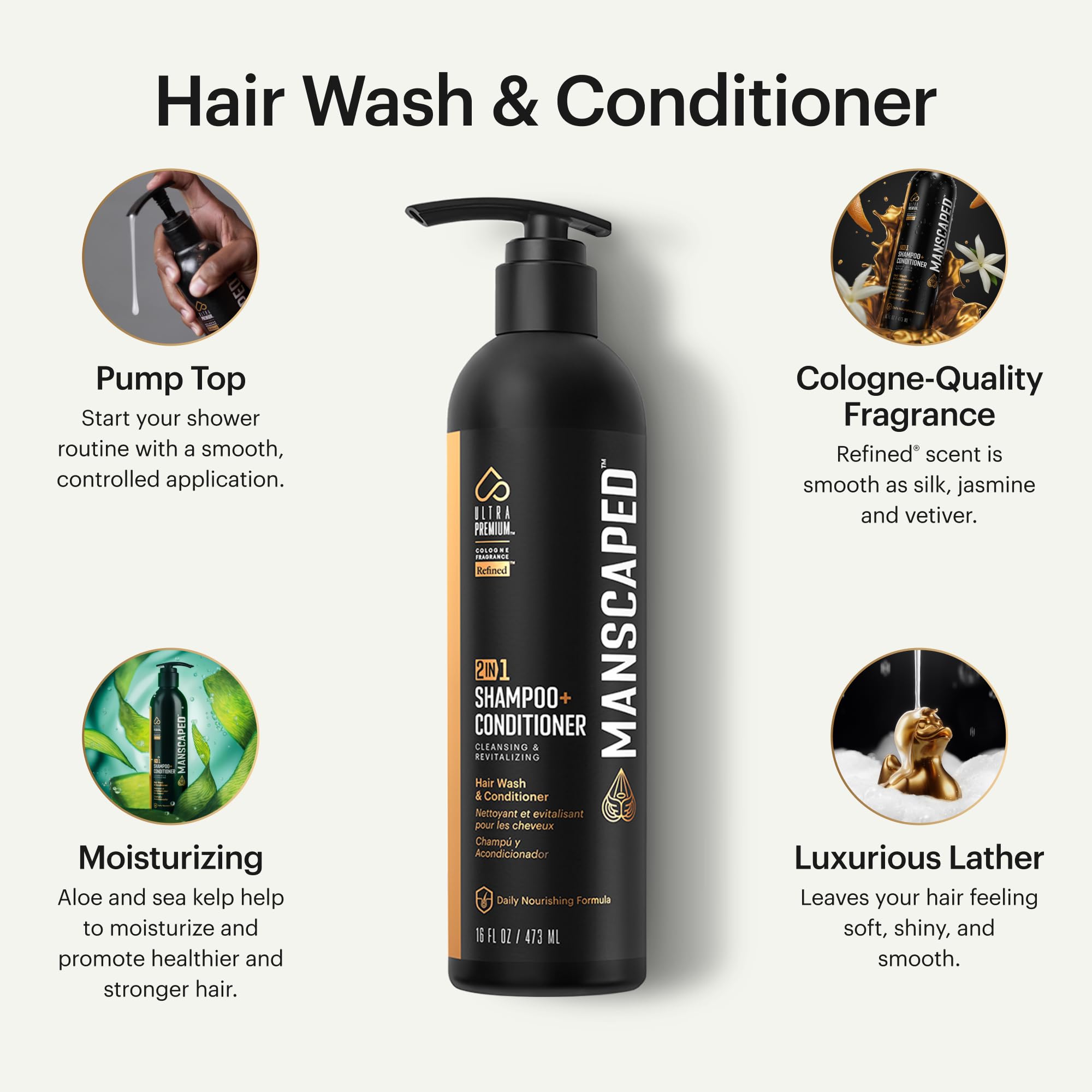 MANSCAPED ingredientes algas marinas y coco ofrecen nutrición ligera para el cabello.