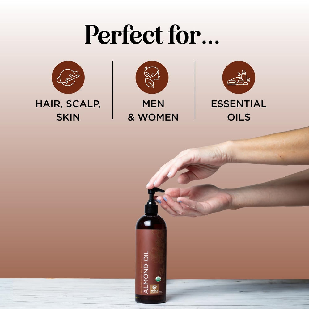 Maple Holistics aceite de almendra dulce orgánico, nutrición profunda para cabello dañado.