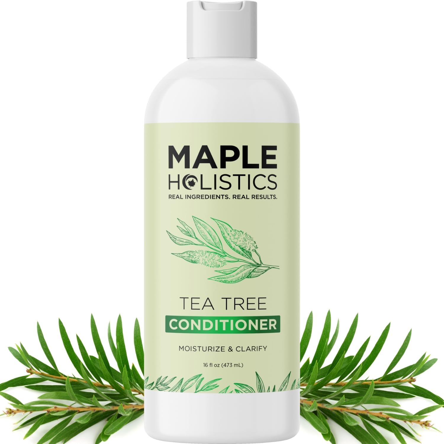Maple Holistics Acondicionador Árbol de Té, botella vertiendo, cuidado suave para cabello.