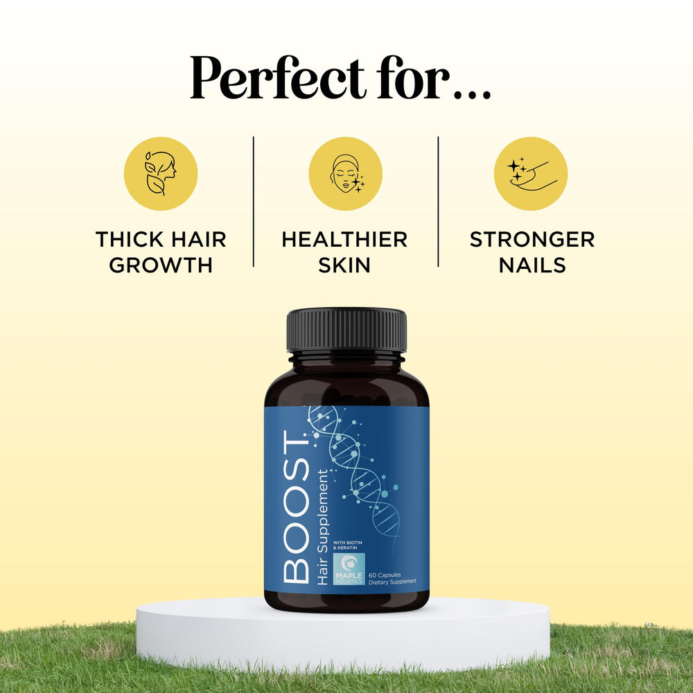 Maple Holistics Biotina y Collagen, acercamiento a la cápsula, apoyo a cabello fuerte
