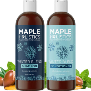 Maple Holistics champú para agua dura en botella ofrece limpieza profunda.