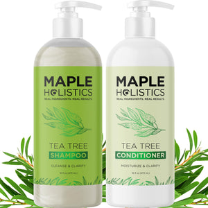 Maple Holistics champú de árbol de té, botella destacada para limpieza profunda.