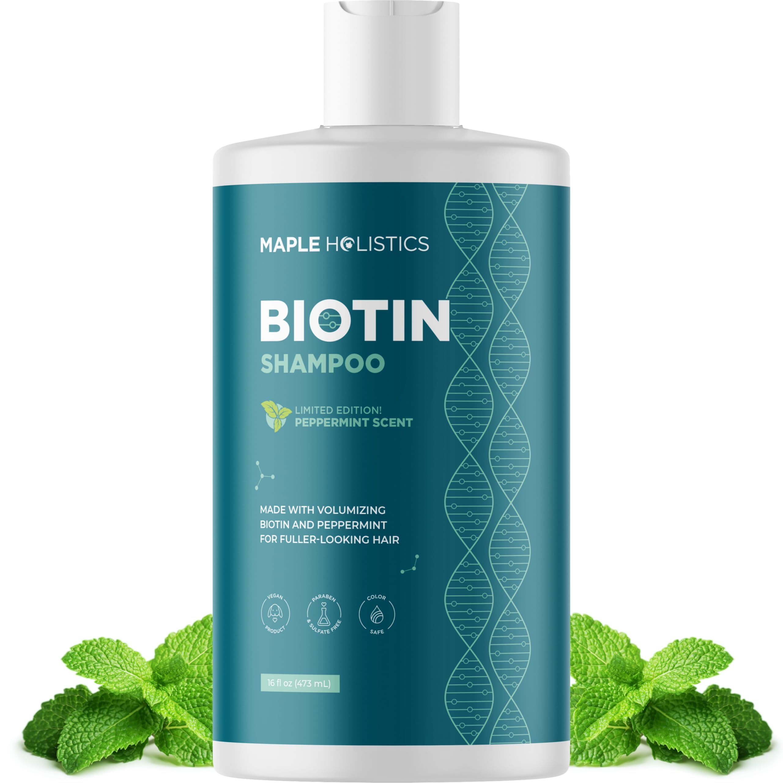 Maple Holistics champú biotina, botella vista frontal, ayuda a un cabello con más volumen.