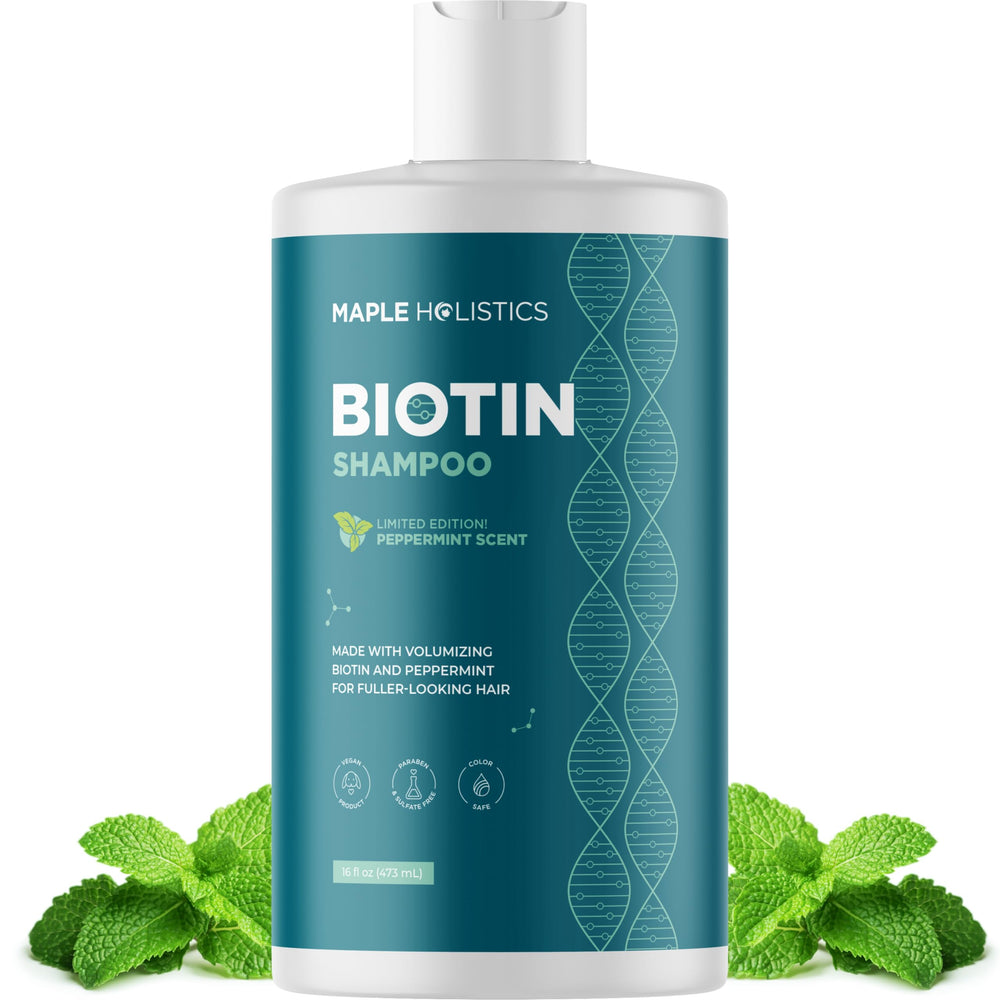 Maple Holistics champú biotina, botella vista frontal, ayuda a un cabello con más volumen.