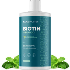 Maple Holistics champú biotina, botella vista frontal, ayuda a un cabello con más volumen.