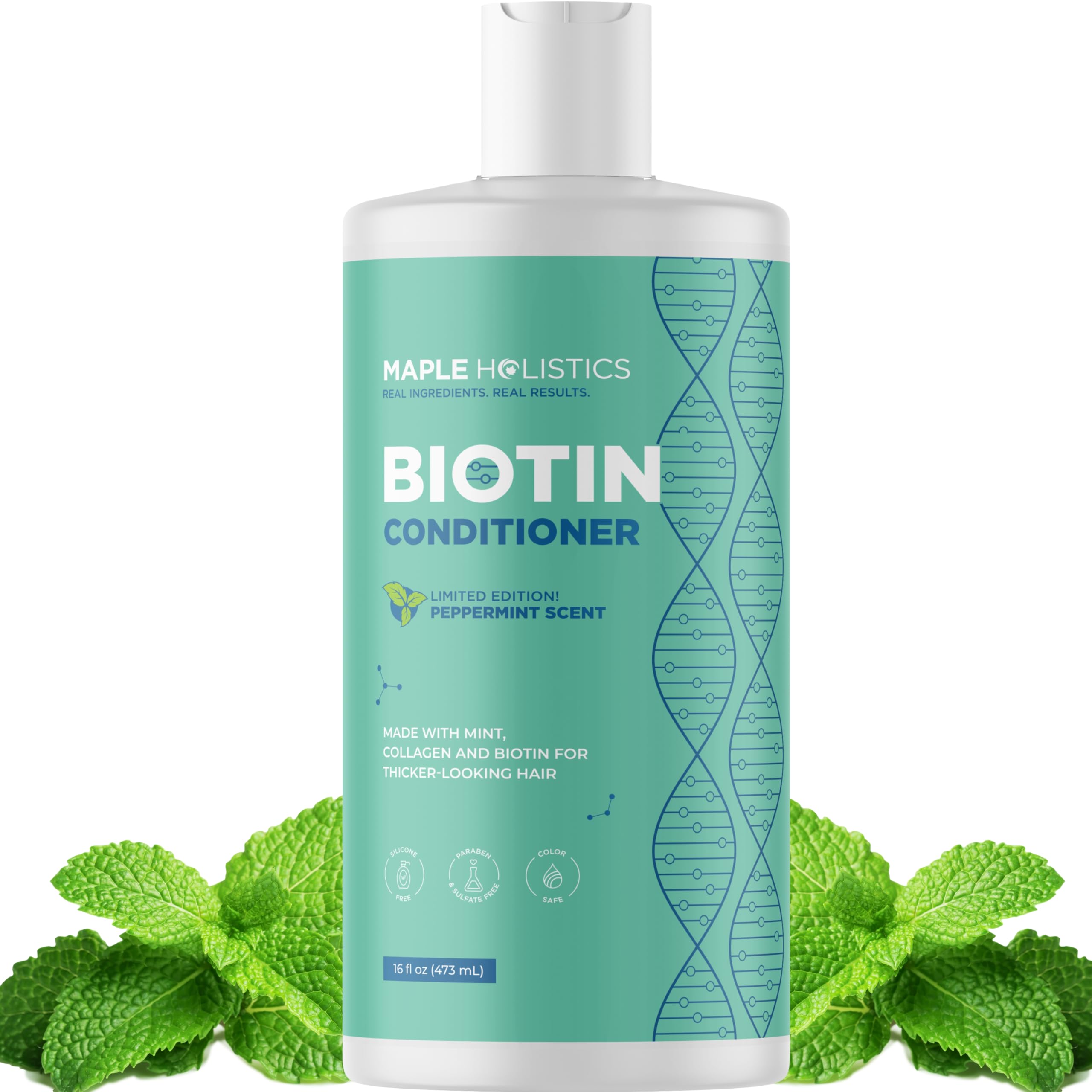Maple Holistics Acondicionador Biotina, botella, mejora volumen cabello fino.